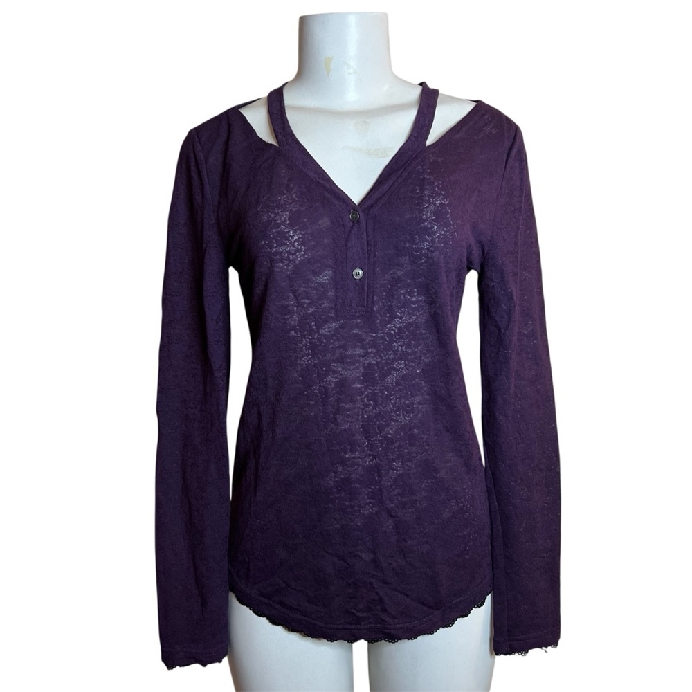 William Rast Henley Shirt Long Sleeve V Neck S Crochet Sheer Lace Print Top Y2K